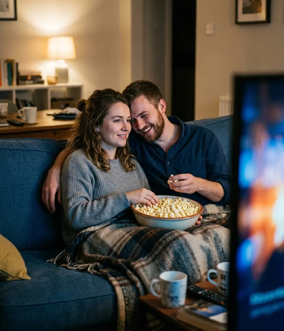 Casal no sofá com pipoca vendo um filme